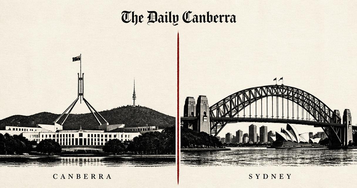 Editorial split illustration: Philadelphia on the left and Sydney on the right